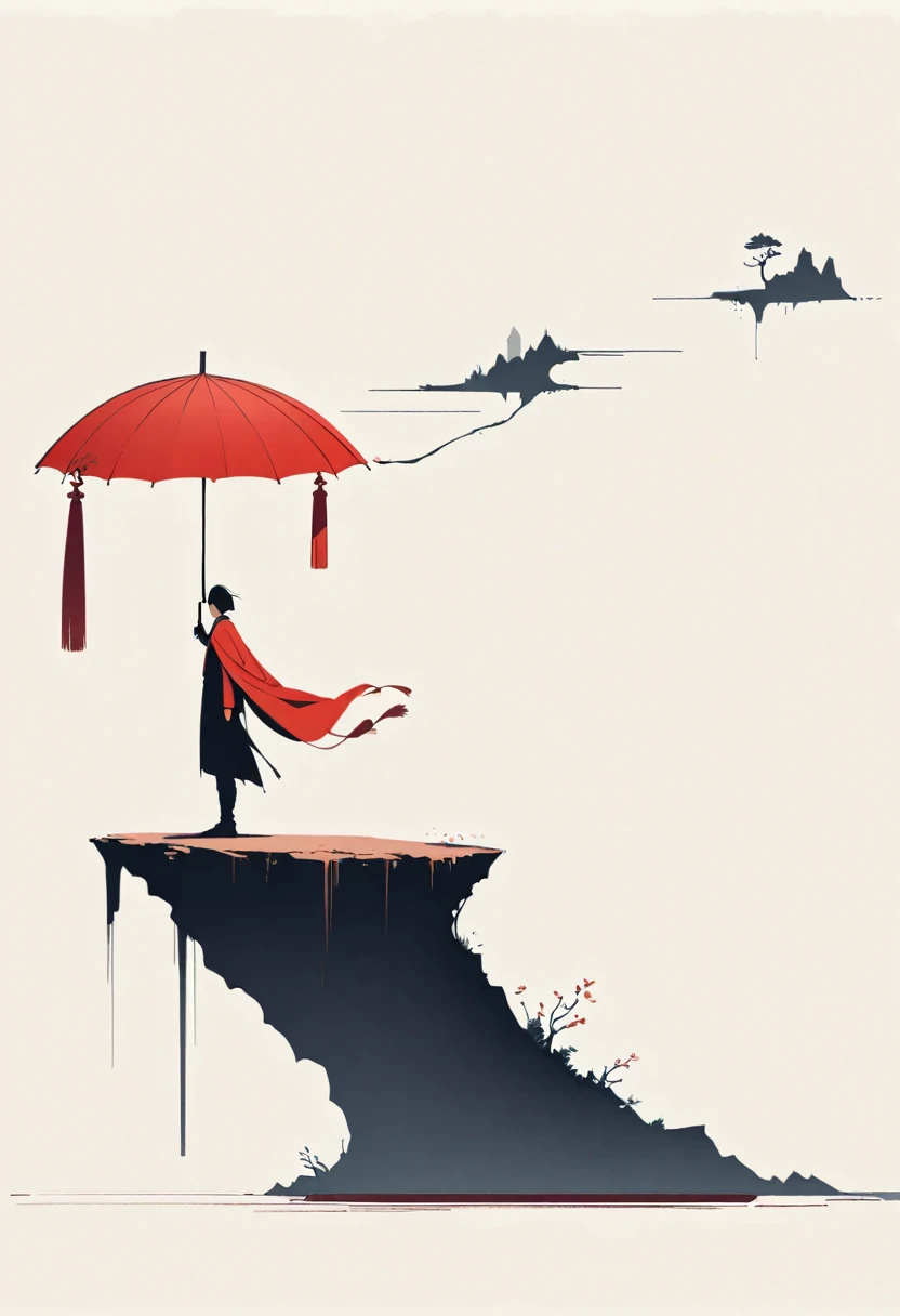 A simple one,Minimalist illustration, 1 red umbrella hanging in the air,Tassels on umbrellas,solitary figure,On the edge of a cliff,bridge