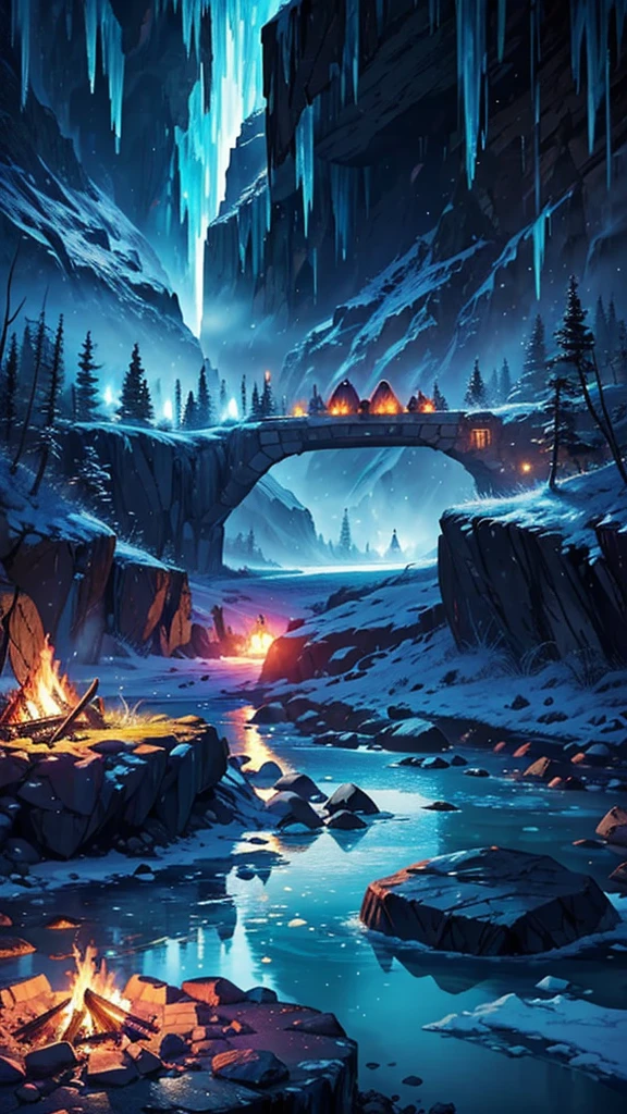((masterpiece, best quality)), ((underground village, vibrant coloring, icy rock, glowing lake, campfire)), dramatic lighting