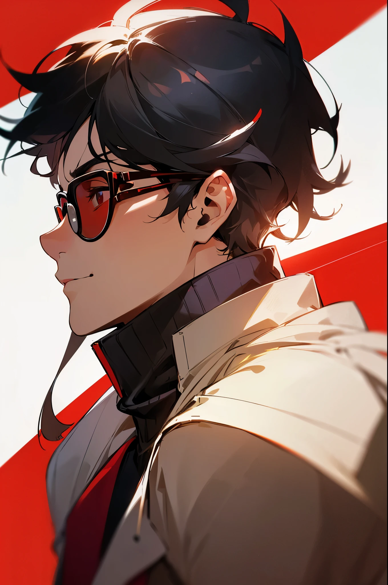 High definition, uhd. Draw a male anime character in profile with white skin, medium and messy black hair, but well looked after. Your hair falls over your ears and the back of your neck. The character is blind and wears sunglasses with red lenses and silver frames.. Glasses hide your eyes and give you a mysterious look. Wear a black sweater. fine nose, relaxed features, Serious and confident, corner smile. Red background in blurred style.
