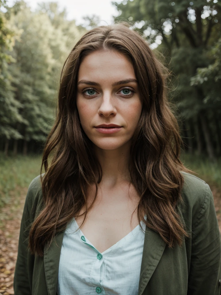 portrait fille châtain clair, yeux verts dans la forest, hair in the wind, natural light, 