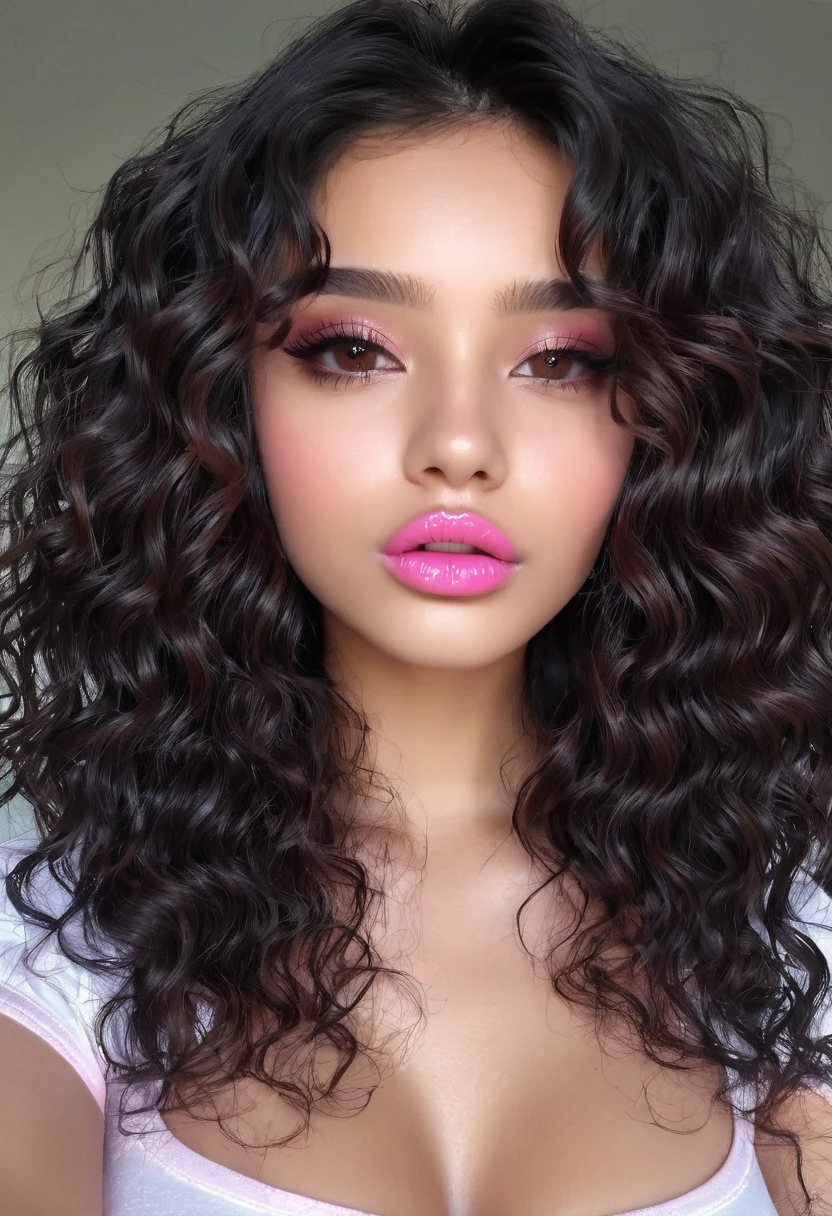 20 year old girl, beautiful ,ultra realistic, super definition, Brown eyes, thin lips, pink lips, long curly hair shiny black color, negro, Natural makeup, outlined obos. Neckline.