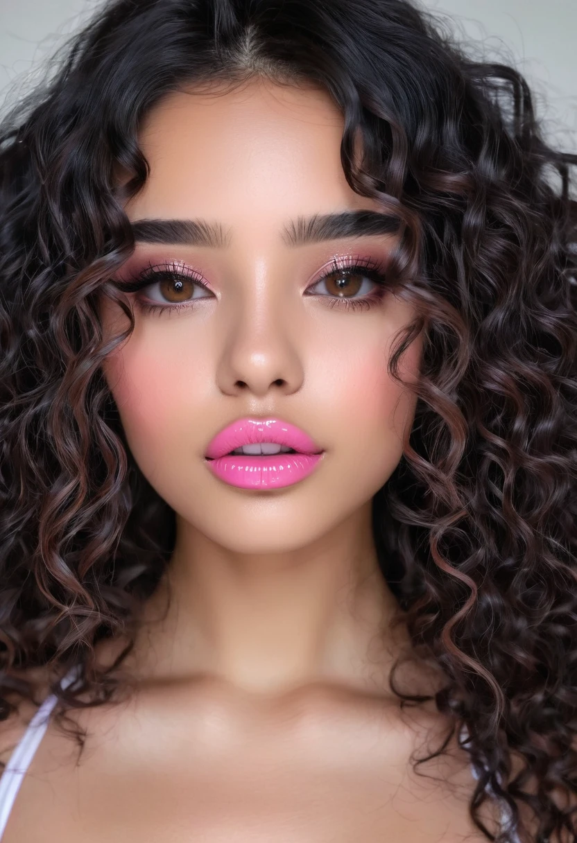 20 year old girl, beautiful ,ultra realistic, super definition, Brown eyes, thin lips, pink lips, long curly hair shiny black color, negro, Natural makeup, outlined obos. Neckline.