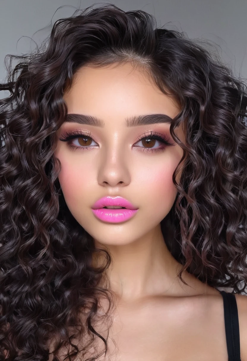 20 year old girl, beautiful ,ultra realistic, super definition, Brown eyes, thin lips, pink lips, long curly hair shiny black color, negro, Natural makeup, outlined obos. Neckline.