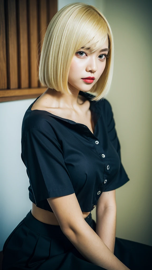Best quality, Ultra-high resolution, (Photorealistic:1.4), 1girll, button- shirt, Skirt, Office, Black hair, Breasts, (Blonde hair:1.2), view the viewer,