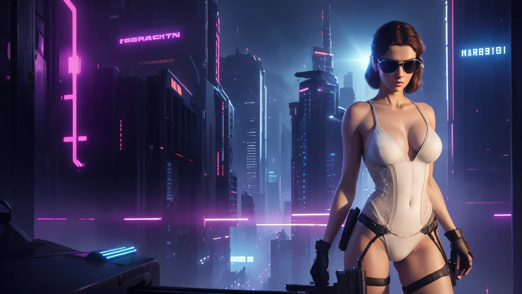 20-year old large-breast woman with cleavage:1.4, 1woman, solo, 3D neon art of a woman's body, matrix style black micro sunglasses, (((aiming with a short gun))), (looking at camera), aerial view of blade runner neon-noir city background, perfect composition, beautiful detailed intricate insanely detailed octane render trending on artstation, 8K artistic photography, photorealistic concept art, soft natural volumetric cinematic perfect light, chiaroscuro, award-winning photograph, masterpiece, oil on canvas, Raphael, Caravaggio, Greg Rutkowski, Beeple, Beksinski, Giger