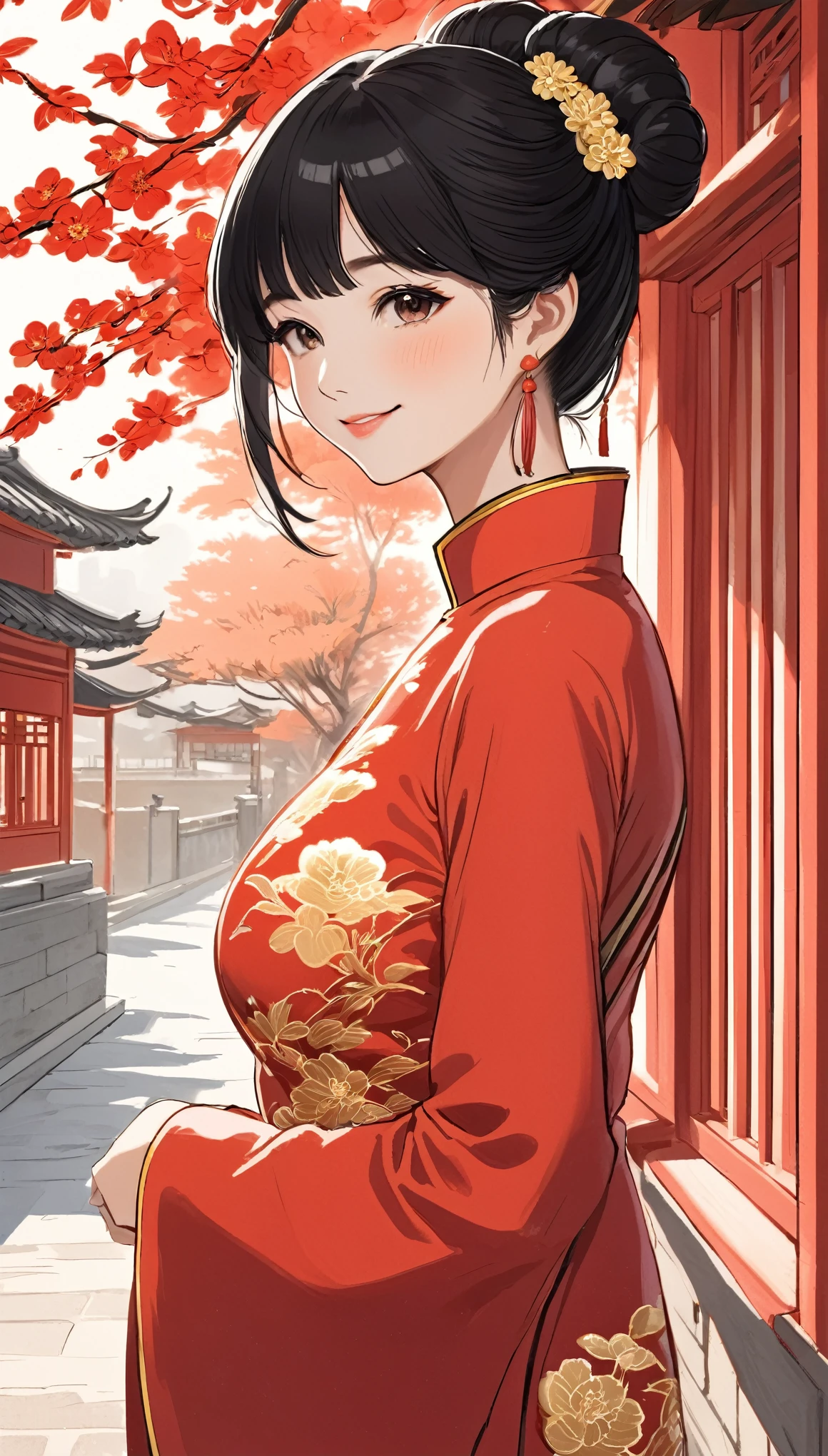 A beautiful woman, city,(Red cheongsam), (flower chignon), (gold embroidery thread), outdoor chinese house, light smile, ((black hair)), little blush, side, (breast), line art, Scan Painting Art, Color pencil drawing art, (hand drawing art), ((draft drawing)),