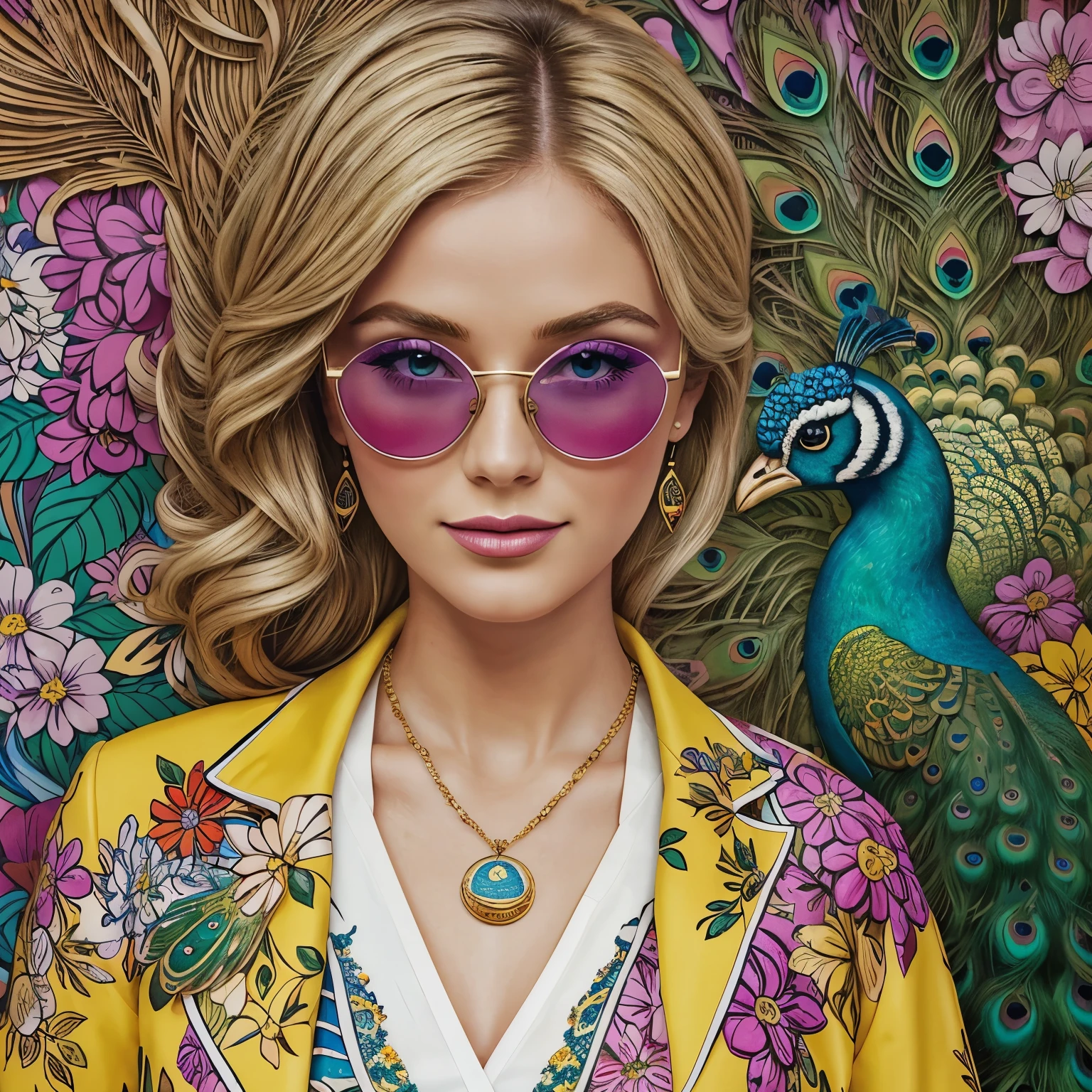((masterpiece, high quality, well-drawn details, 4K)) a 30-year-old blonde woman with a beautiful peacock, a watercolor drawing in a bright floral jacket on a yellow background, double-breasted with wide lapels, with a fly pendant, a narrow-striped shirt in white and sky blue colors, round fuchsia maxi glasses, with a pop art painting by Annabel Kidston, winner of the behance competition, "naive art", "maximalism", "fauvism", "pop art".