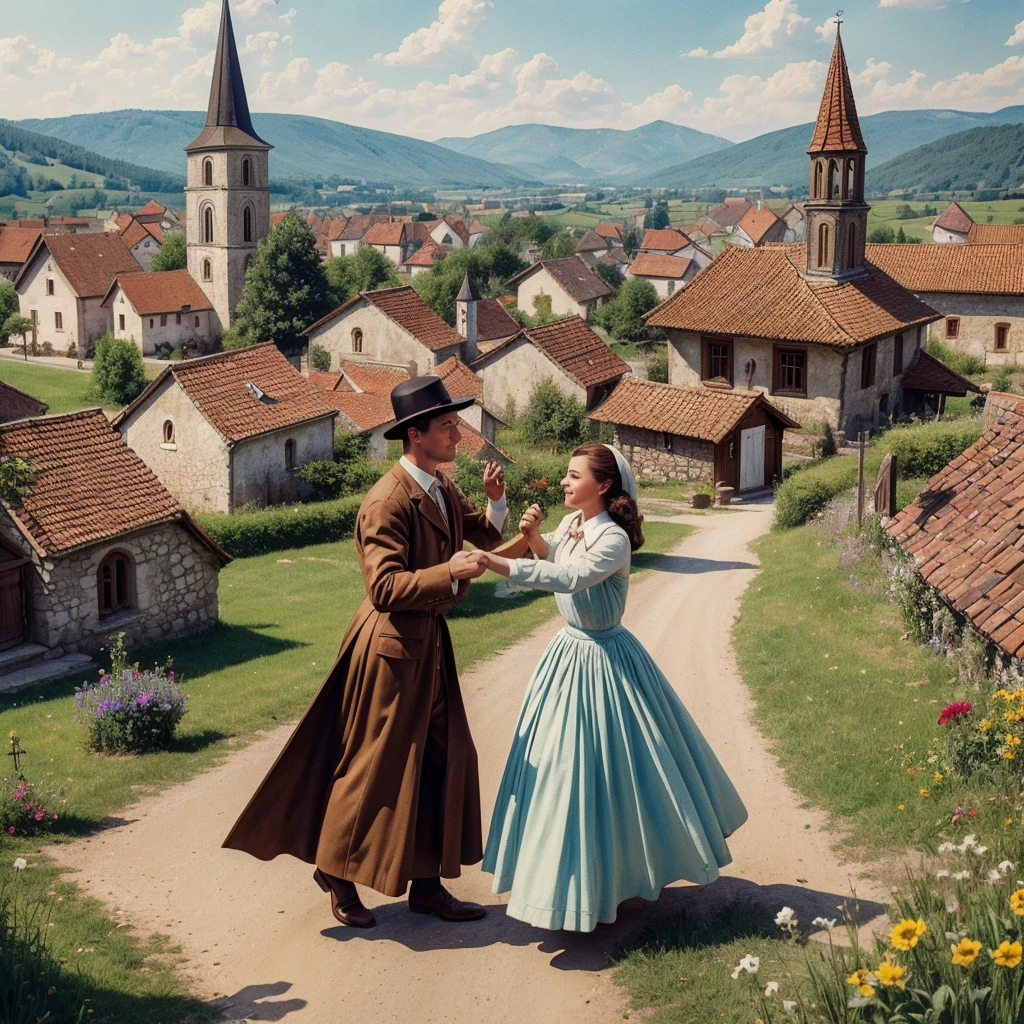 watercolor drawing in Retro-Look, rural saxones village in Transilvania with fortificated church of bazna, man and woman dance, full body shot, in the style of classic Americana, white background, Andrew Loomis style, Masterpiece work of art,