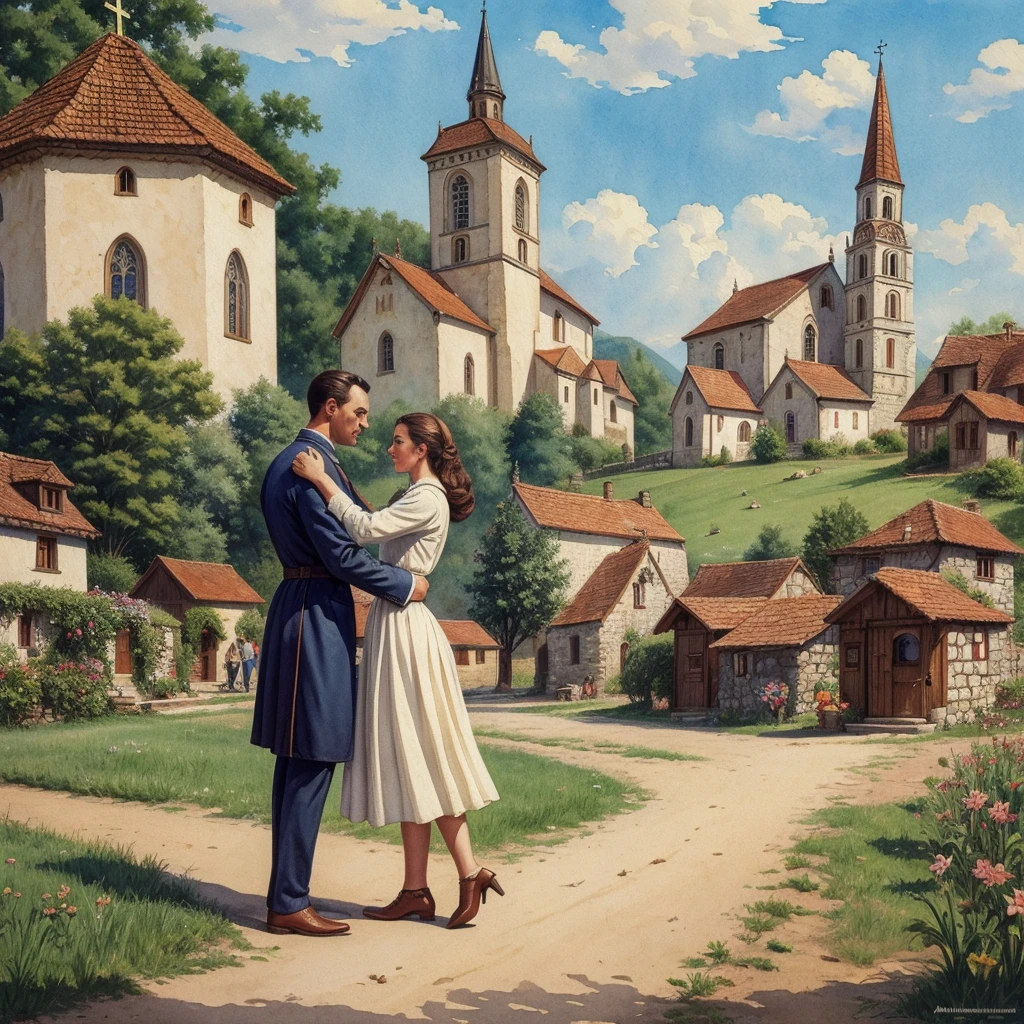 watercolor drawing in Retro-Look, rural saxones village in Transilvania with fortificated church of bazna, man and woman dance, full body shot, in the style of classic Americana, white background, Andrew Loomis style, Masterpiece work of art,