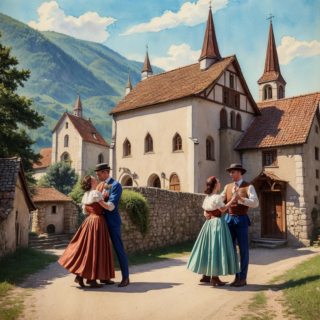 watercolor drawing in Retro-Look, rural saxones village in Transilvania with fortificated church of bazna, man and woman dance, full body shot, in the style of classic Americana, white background, Andrew Loomis style, Masterpiece work of art,