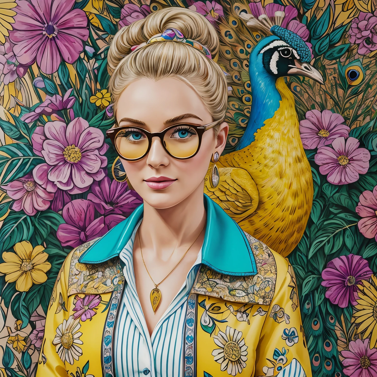 ((masterpiece, high quality, well-drawn details, 4K)) a 30-year-old blonde woman with a beautiful peacock, a watercolor drawing in a bright floral jacket on a yellow background, double-breasted with wide lapels, with a fly pendant, a narrow-striped shirt in white and sky blue colors, round fuchsia maxi glasses, with a pop art painting by Annabel Kidston, winner of the behance competition, "naive art", "maximalism", "fauvism", "pop art".