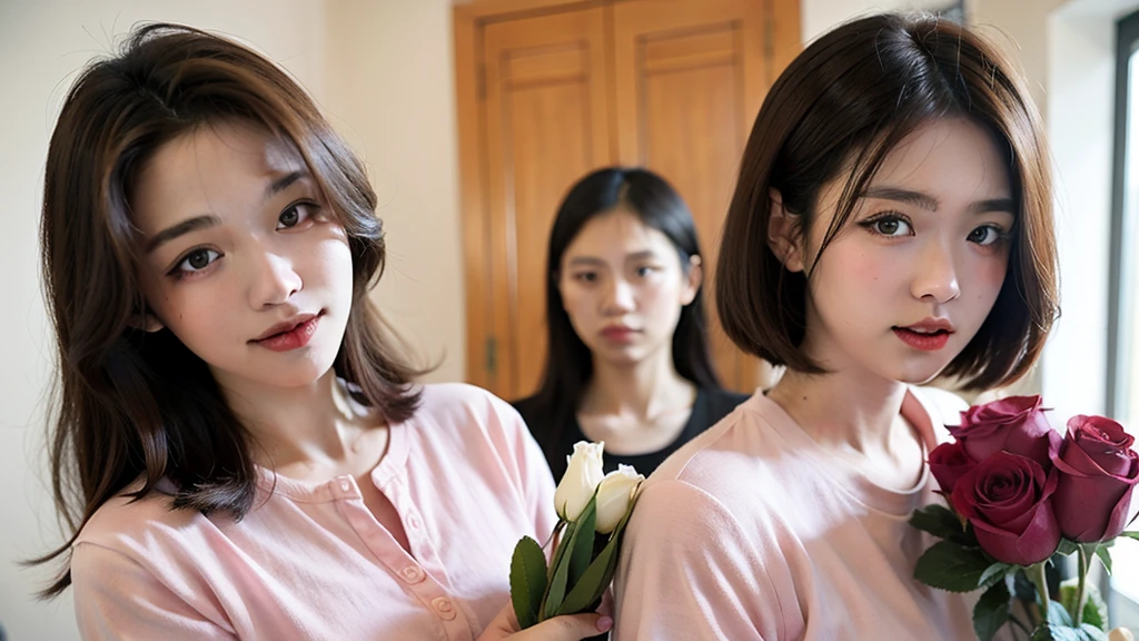 ((best quality)), ((Masterpiece)), (details), 1 girl, pink shirt, cute and bright, holding a rose, Thai girl,