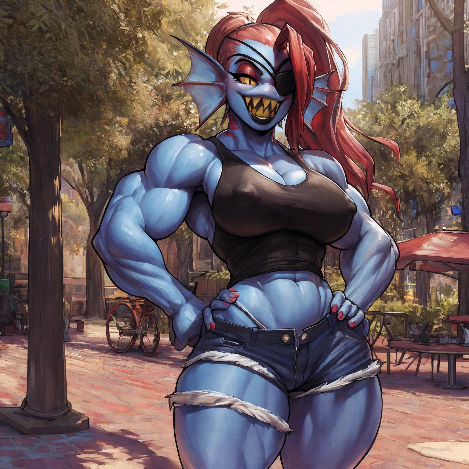 by darkgem, by duase, by bng, solo, 1girl, undyne, blue skin, huge teeth, yellow teeth, laughing, black eye patch, female, smooth body, bodybuilder, chunky, nipple outline, highly detailed eye, black tank top, (bare midriff:1.3), cleavage, denim cutoffs, visible thong straps, Masterpiece, best quality, absurd res, highly detailed, cleanly drawn eyes, park environment, standing upright, big bottom lip, black lipstick, casual posture, hands on hips,