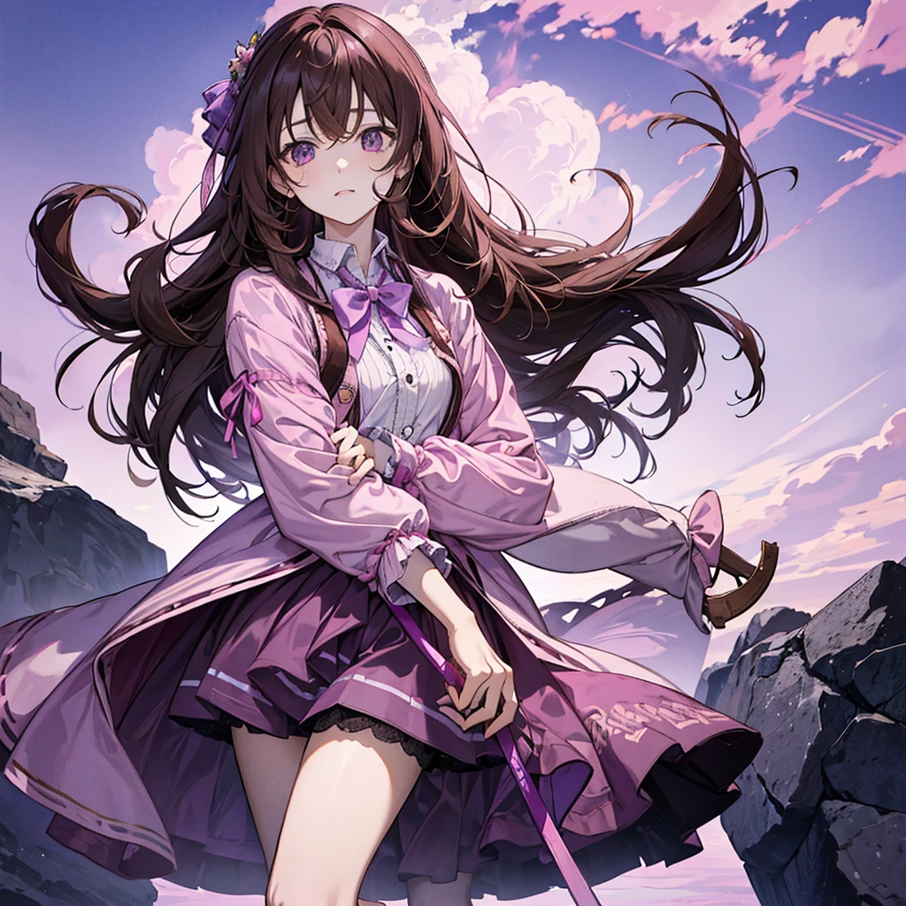 A Girl with long brown hair tied at the back with pink and purple ribbons, wearing a pink shirt with a collar and long sleeves. Wearing loose shorts She is cute she is holding a doll with a cute pink and purple background