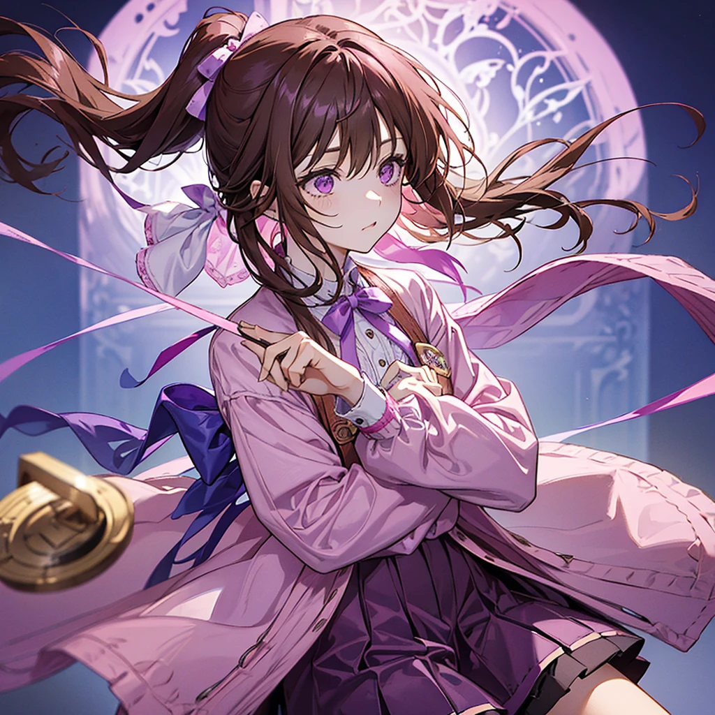 A Girl with long brown hair tied at the back with pink and purple ribbons, wearing a pink shirt with a collar and long sleeves. Wearing loose shorts She is cute she is holding a doll with a cute pink and purple background