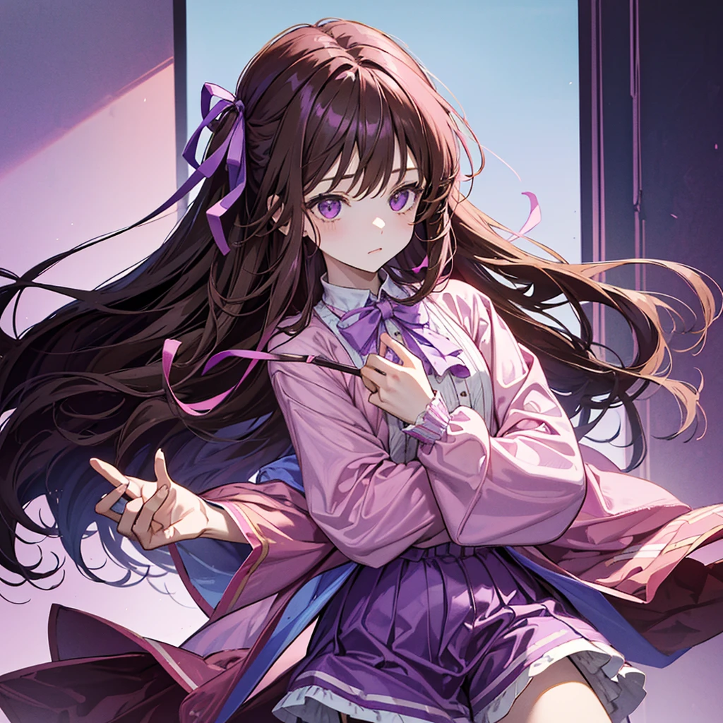 A Girl with long brown hair tied at the back with pink and purple ribbons, wearing a pink shirt with a collar and long sleeves. Wearing loose shorts She is cute she is holding a doll with a cute pink and purple background