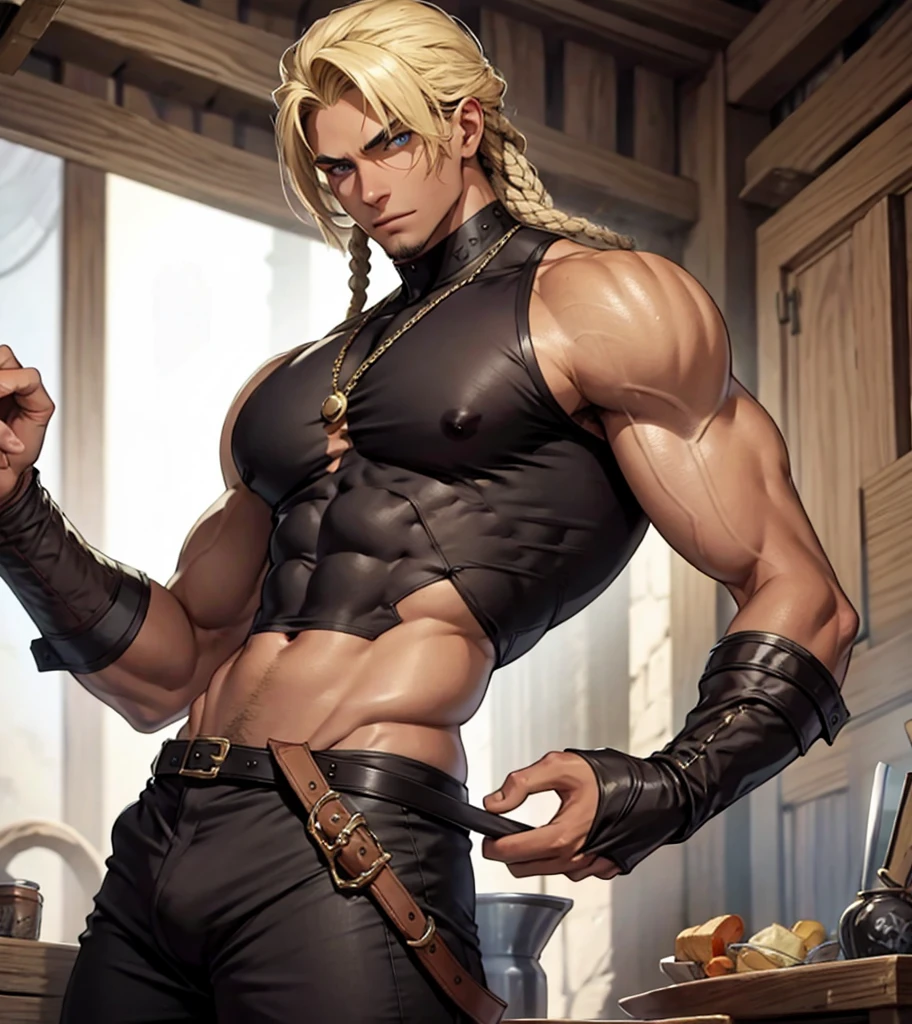 (((Solo character image.))) (((Generate a single character image.)))  Generate an exciting yet sinister male fantasy adventurer for a dark and eerie fantasy setting.  (((Sexy muscles.))) He has shoulder length blond hair and has a sinister attire and looks like an exciting villain for a fantasy setting.  Swashbuckler fashion. Great abs.  Great male physique.  This character is human, very dangerous and looks full of mischief.  He appears about 20 years old.  Ideal physique.  Realistic image.  Looks like a handsome dark complexion male fantasy adventurer.  Very dark skin.  Cornrows and dreadlocks. He has a legendary beauty that makes him memorable and a pleasure to look at.  Attractive and dashing swashbuckler with pirate fashion.  Abs focus. Intense glare. Tattoos.,Handsome male