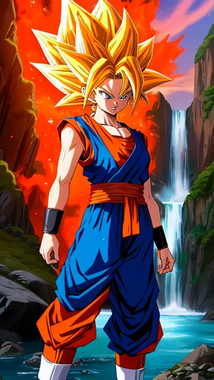 Female Son Goku from Dragon Ball, in his iconic orange and blue outfit, powering up to Super Saiyan with golden hair and aura, standing on a rocky terrain with a waterfall in the background, the scene is filled with intense energy and determination, Artwork, digital painting with vivid colors and dynamic lines