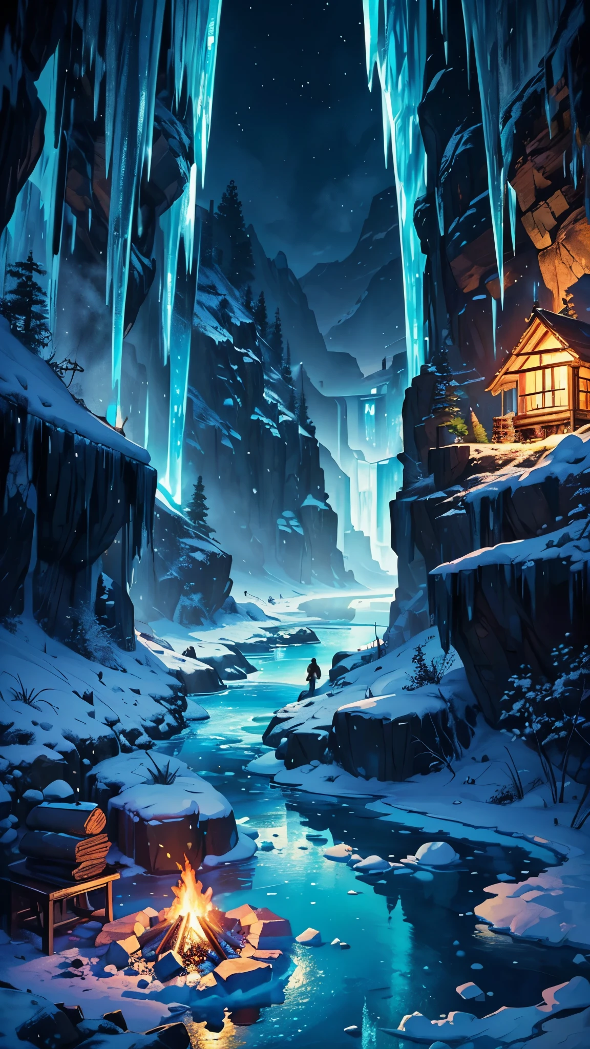 ((masterpiece, best quality)), ((underground village, vibrant coloring, icy rock, glowing lake, campfire)), dramatic lighting