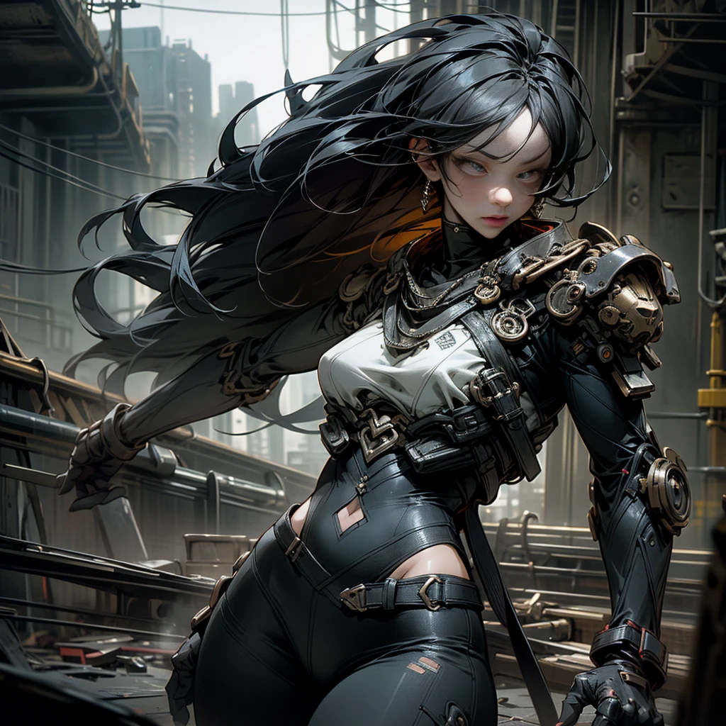 1 girl, attractive body in sexy clothes, gothic, wearing punk attire, destroyed city, in a mortal battle, solo, masterpiece, flawless, no anomalies, photorealistic, 8k, high quality, dramatic lighting, moody atmosphere, dark colors, gritty urban environment, hyper detailed, cinematic composition, dynamic pose, intense expression, body without anomalies two arms and hands without anomalies two without anomalies body shape without anomalies in the character, have 2 arms and hands without anomalies and defects, have 2 legs without anomalies and defects, masterpiece, detailed, detailed eyes, mouth, nose, waist without defects or anomalies, beautiful hair, sexy pose