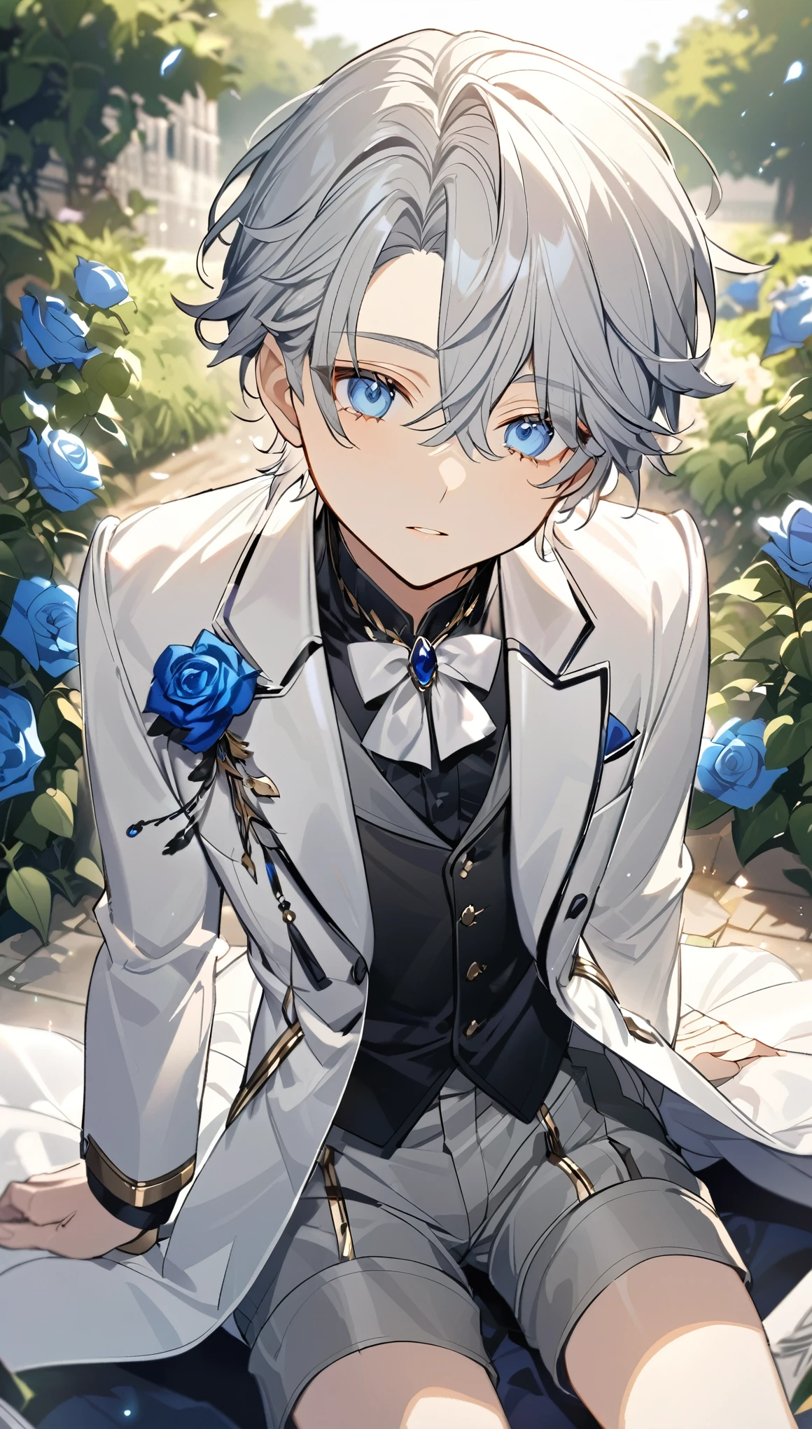 Handsome,very beautiful,1 ,young,alone,white short hair,blue eyes,black shirt,Luxurious white blazer,((Gray suit shorts)),black garters,((blue Rose)),White satin ribbon clothing decoration,Exquisite clothing details,Calm expression,Holy,Goethe-style,garden