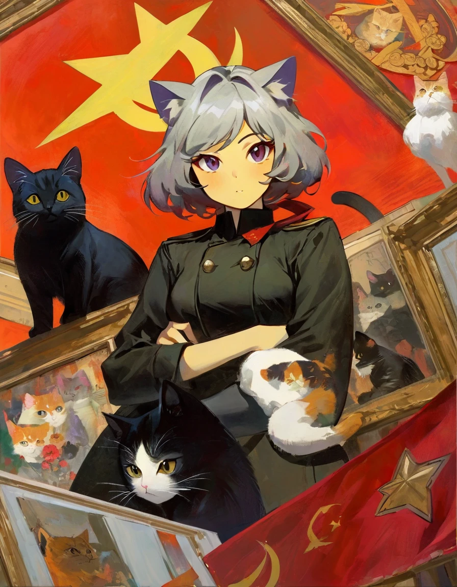 communist cat (art inspired by Bill Sienkiewicz). oil painting)