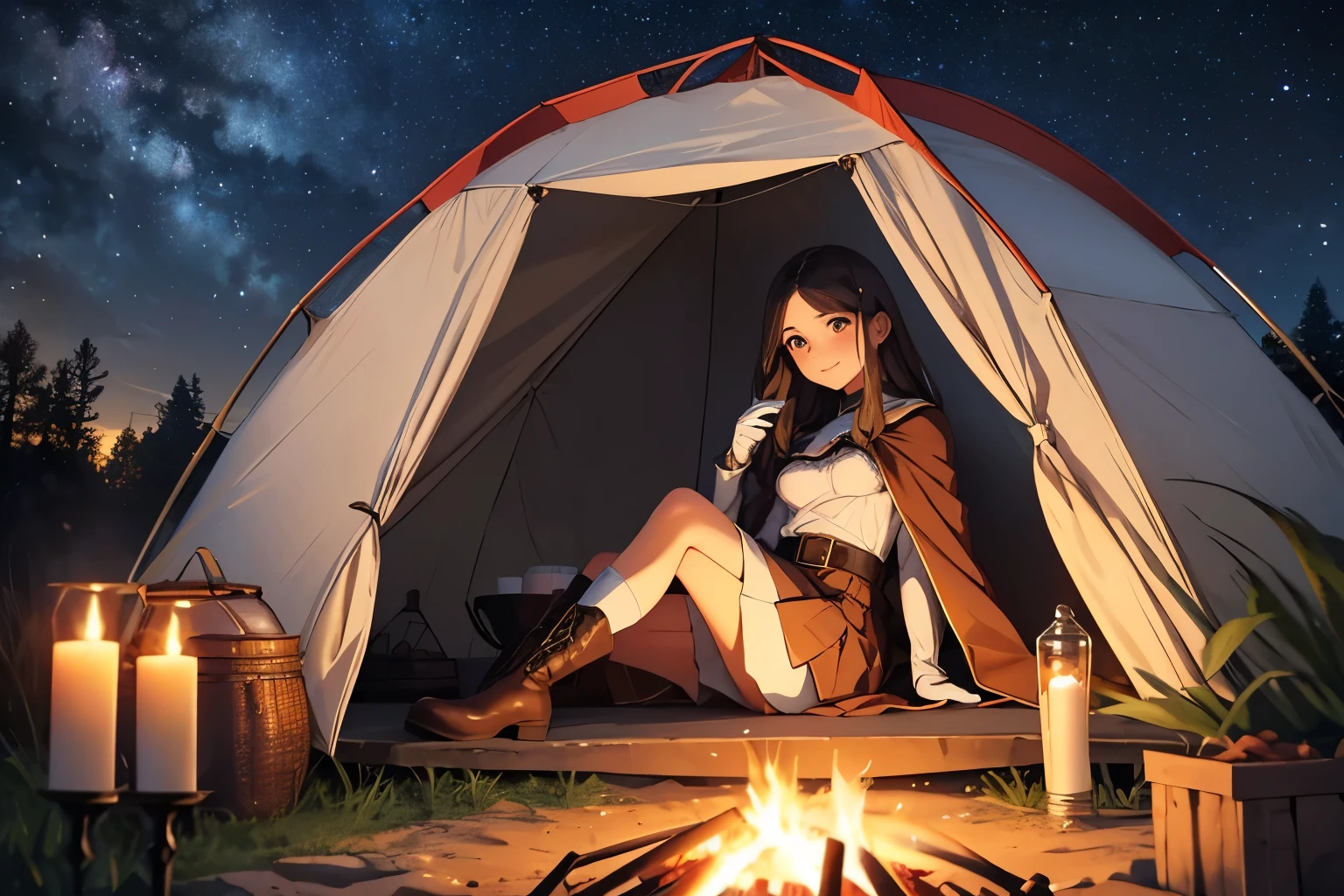 masterpiece,Highest quality,Highest quality,Sit by the campfire and grill meat,a age girl, straw color long wavy hair,Slender,Small breasts,Small breasts, long sleeve, brown long skirt, long skirt, smile,Cape, gloves, boots, wide leather belt,Beautiful starry sky,Ancient Ruins,a tent,