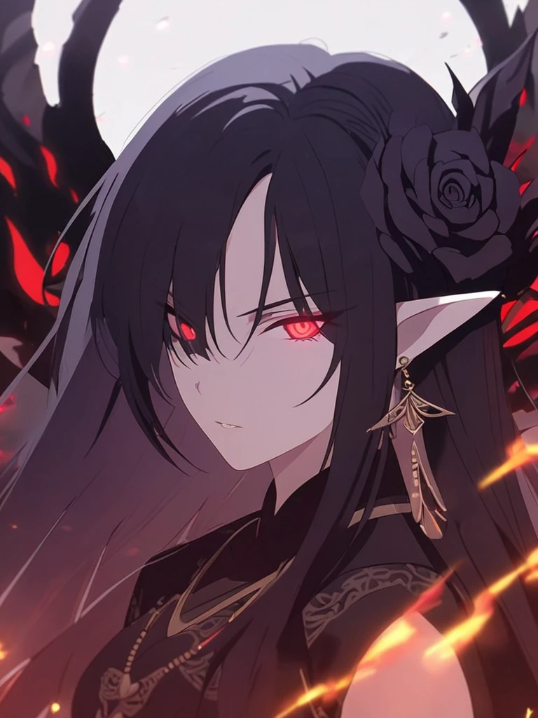 1woman, seriously, elven, dark god, fire black hair, straight hairstyle, glowing red eyes, black rose, black Knight, elegant, traditional thai costume,