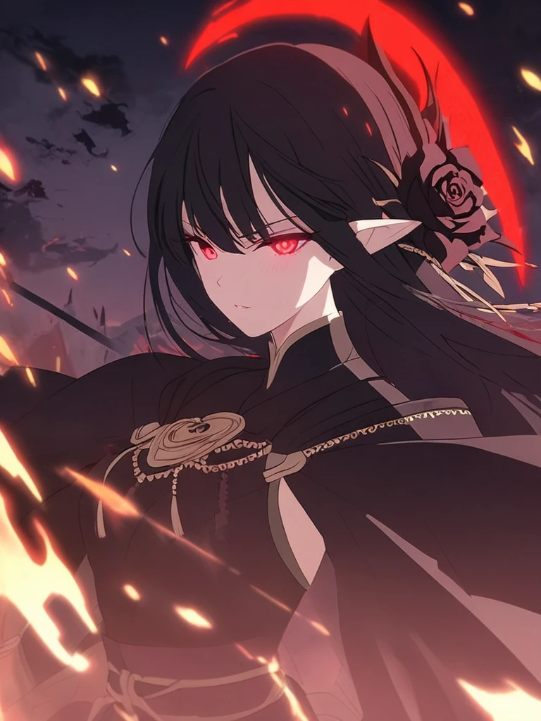 1woman, seriously, elven, dark god, fire black hair, straight hairstyle, glowing red eyes, black rose, black Knight, elegant, traditional thai costume,