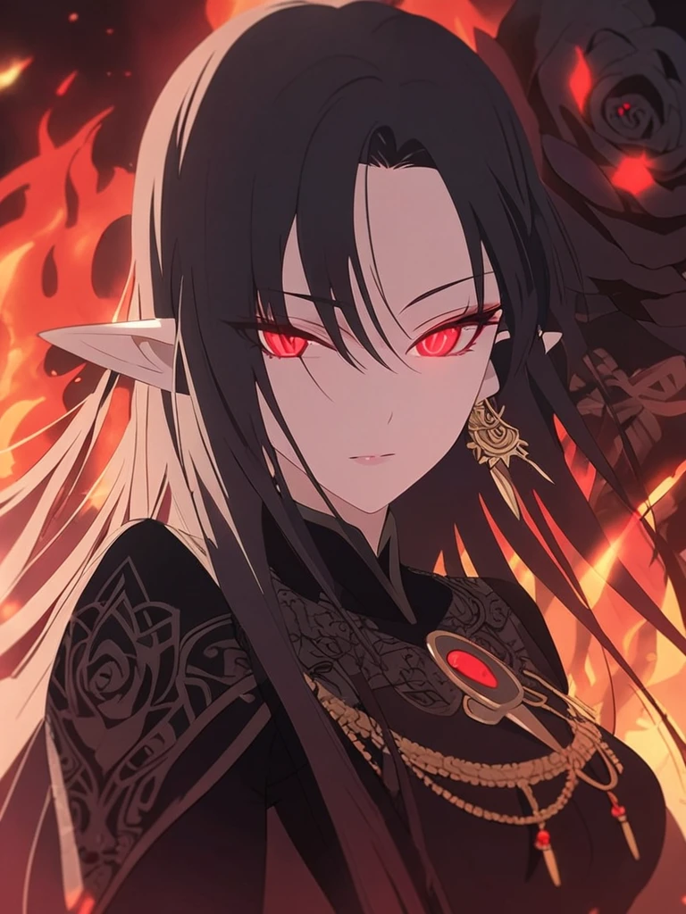 1woman, seriously, elven, dark god, fire black hair, straight hairstyle, glowing red eyes, black rose, black Knight, elegant, traditional thai costume,
