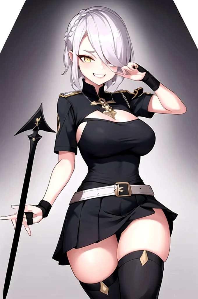 Erisa, 1Girl, alone, Long hair, looking down at viewer, black hair, bandage on face, yellow eyes, animal ears, smile, bandage on nose, weave, cat ears, bandage, bangs, breasts, fake animal ears, simple backround, open mouth, fang, , bare shoulders, scar, Teeth, chemise, tight chemise, bare shoulders, , short sleeves, closed mouth,, Hair over one eye, portrait, Hair over the shoulder, , skin tight outfit, seductive, realisti, best quality, masterpiece, Ultra-Detail, ultra high resolution, extremes Detail, 8K Masterpiece, , military uniform,, belt, pleated skirt, black skirt, thigh boots, smile, hands