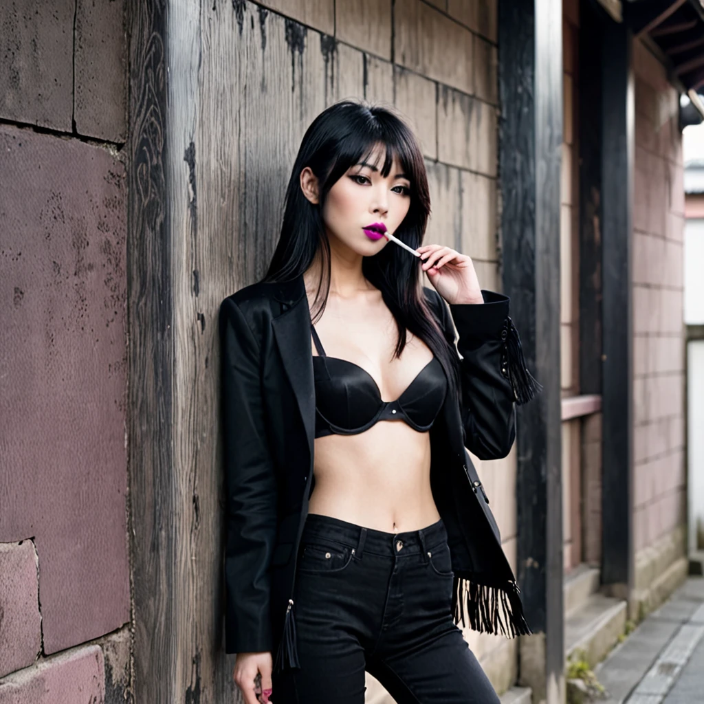 score_9, score_8_up, score_7_up, beautyful japanese woman, slim body, slender body, black jacket, black jeans,big long fringe black hair, black lipstick, pink bra, calm face, morning, leaning against a wall, smoking