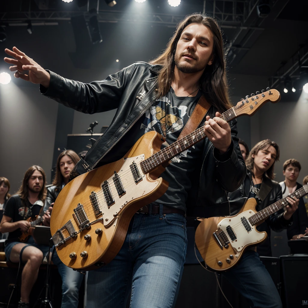 "Create a realistic image of Mikhail Gorshenev, frontman of the group "The King and the Jester", what it might look like today. Make him look like a rock star, with a characteristic appearance, including long hair and possibly, modern hairstyle or beard. He should be dressed in modern, but rocker clothes - a leather jacket, printed T-shirt, jeans. The background could be a stage during a concert with bright lights and a crowd of fans, or alternatively, in a recording studio with musical instruments and microphones. Try to convey his charisma and energy."
