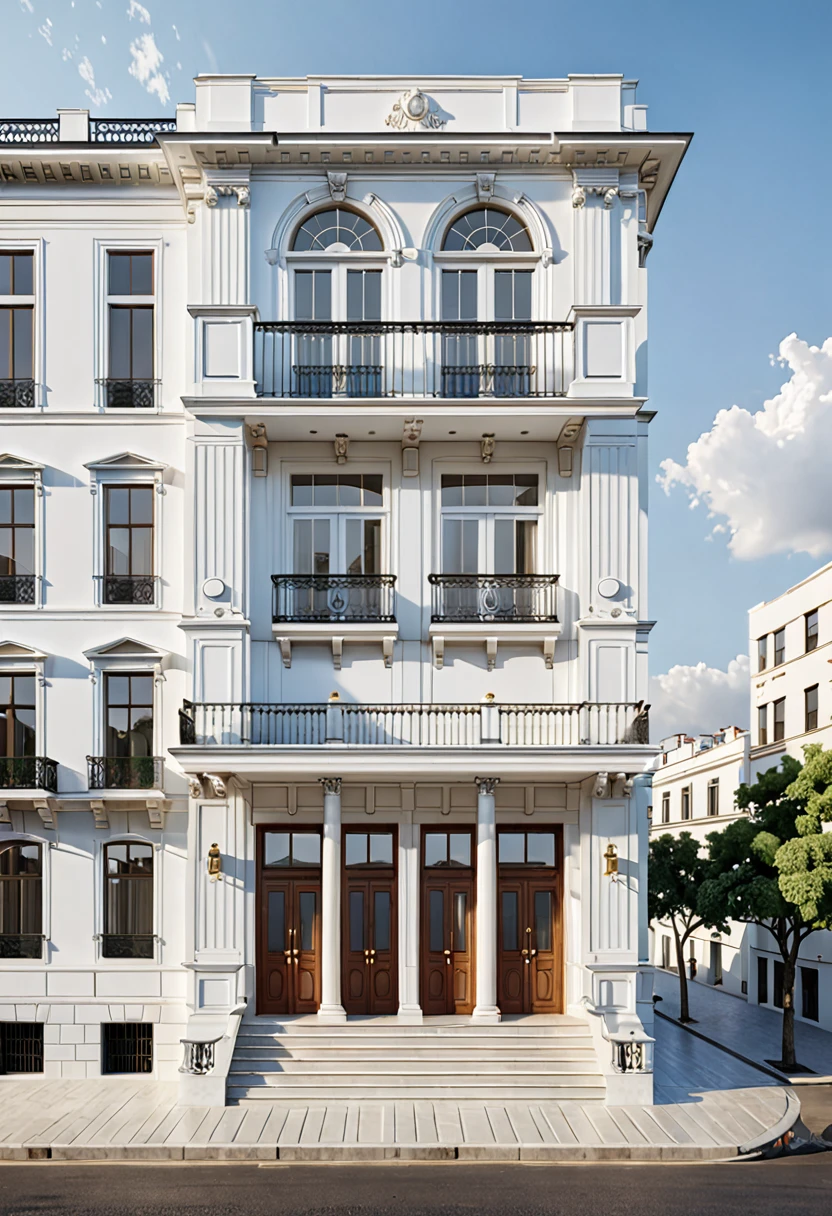 a rendering of a three story building with a balcony and balconies, neo - classical style, front elevation view, frontview, building facing, elevation view, an extremely detailed building, realistic building, front elevation, neo classical architecture, in style of simplified realism, neoclassical architecture, exterior design, front-view, neo-classical, neo - classical