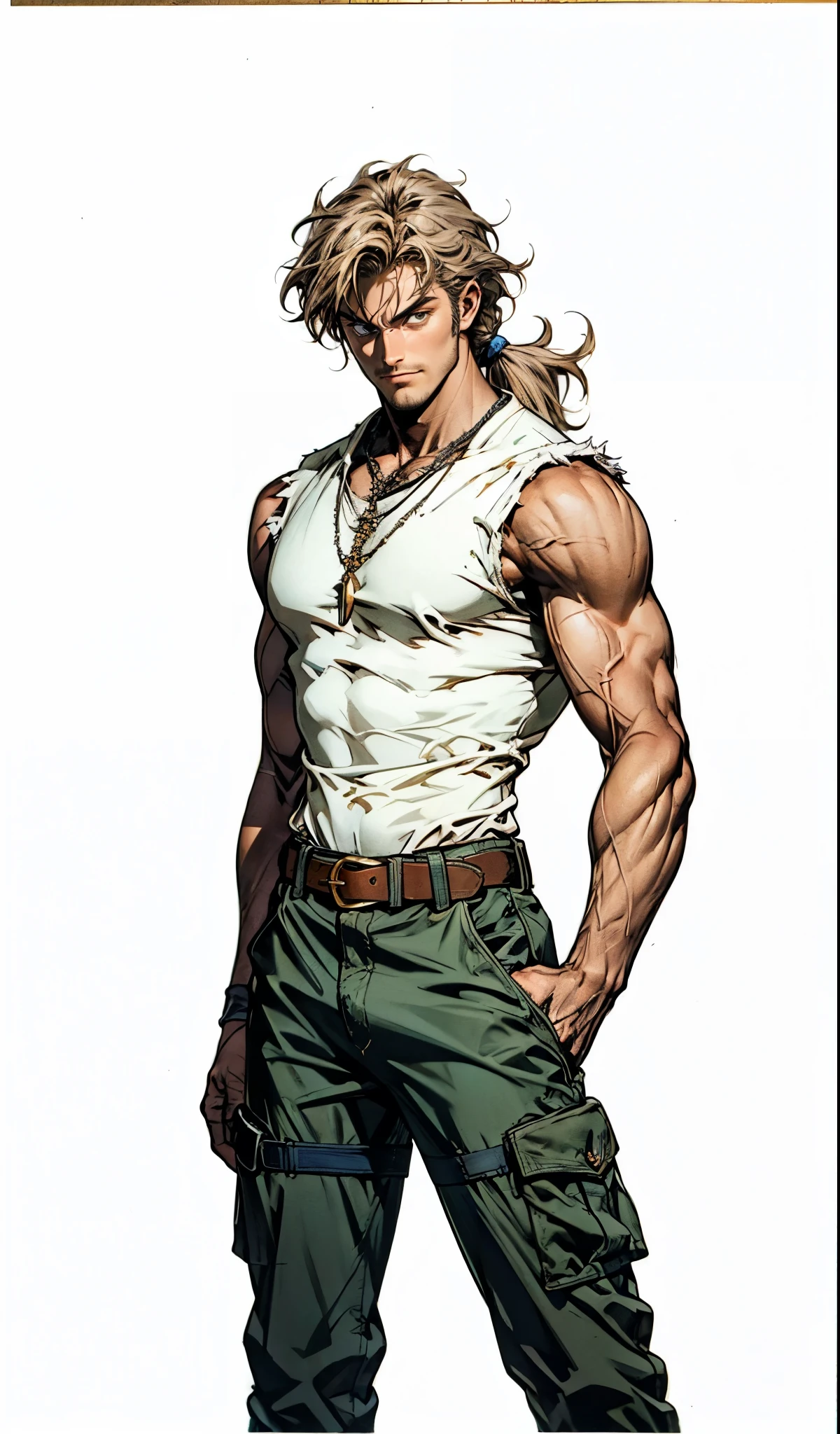 (masterpiece:1.2, best quality, extremely delicate), a man with short brown hair, a short ponytail, brown skin, a handsome face, deep eyes, a wild smile, stubble on his chin, wears a necklace with fangs, a muscular build, a fantasy-reality style blue open short vest, sleeveless, a cloth band on his arm, a yellow belt, green cargo pants, stands on an endless coastline, this character embodies a finely crafted fantasy-reality style rogue in anime style, exquisite and mature manga art style, dramatic, high definition, highres, ultra-detailed, ultra-fine painting, professional, perfect body proportions, golden ratio, anatomically correct, symmetrical face, extremely detailed eyes and face, high quality eyes, creativity, RAW photo, UHD, 32k, Natural light, cinematic lighting, masterpiece-anatomy-perfect