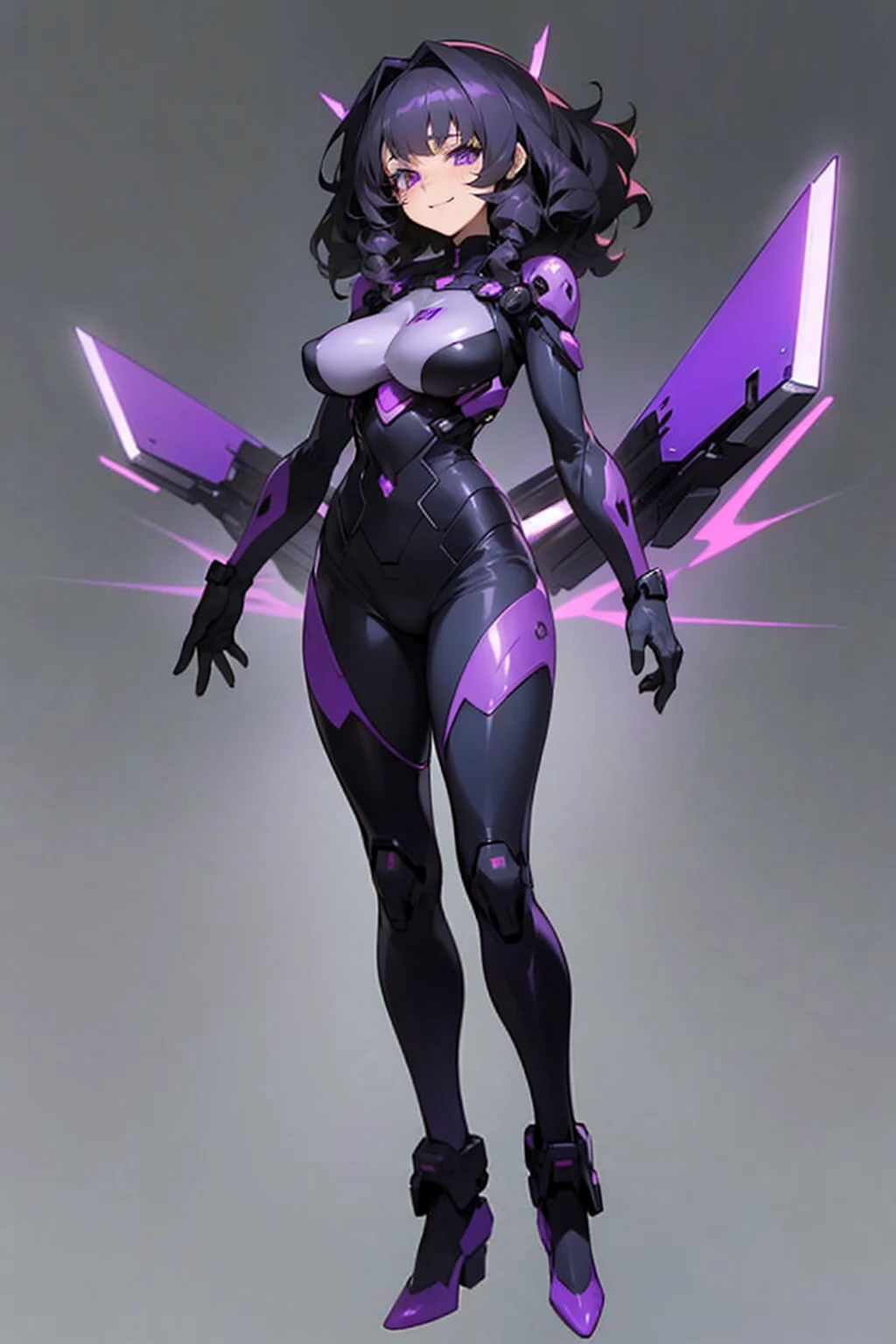 A old anime girl, short black frizzy hair, purple Eyes, Tecnologique suit, standing, full body, laughing madly, blank background, big breast