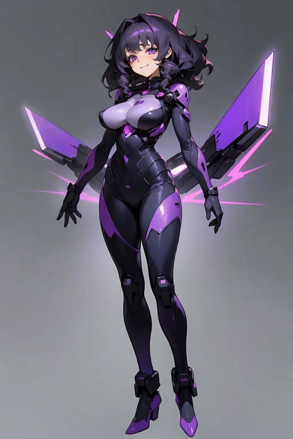 A old anime girl, short black frizzy hair, purple Eyes, Tecnologique suit, standing, full body, laughing madly, blank background, big breast