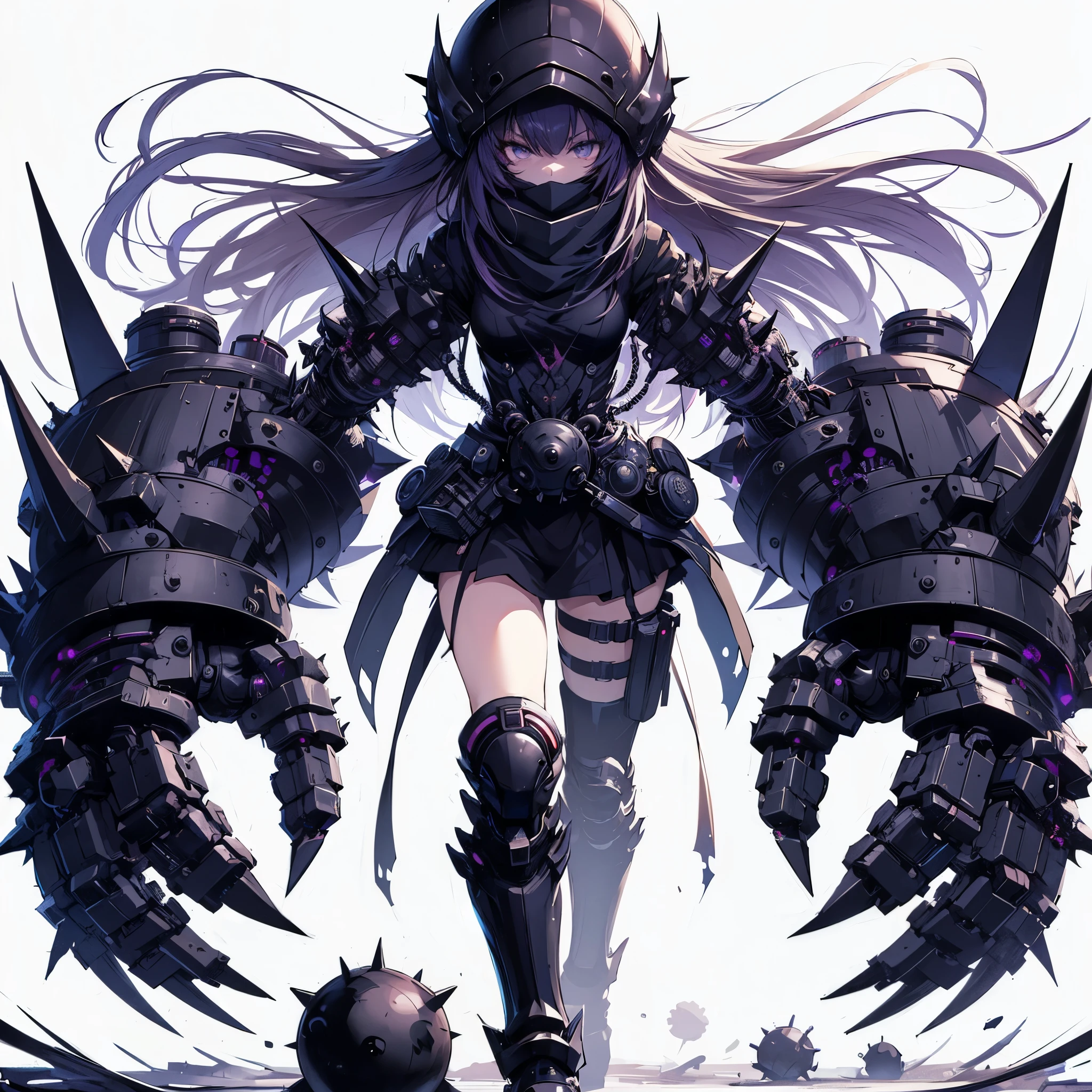 (Masterpiece, Top Quality), (Fine Hair), Ultra-Detailed, Anime Style, Solo, Full Length, Concept Art, Cyberpunk ninja girl, dark-colors, protector gear. helmet. Evil aura. Huge Arms. Having Iron Spiked Ball. White background, standing full length, standing on wasted earth,