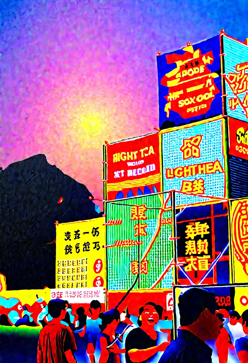 People walking on busy city street at night, Summer Night Out, Light Night, Shenzhen, illumination, LED lights around, Giant LED screen, Covered with Chinese, lots of lights, 背景中的Neon, Brightly lit atmosphere, Light Show, Left highlight, bright signage, Neon