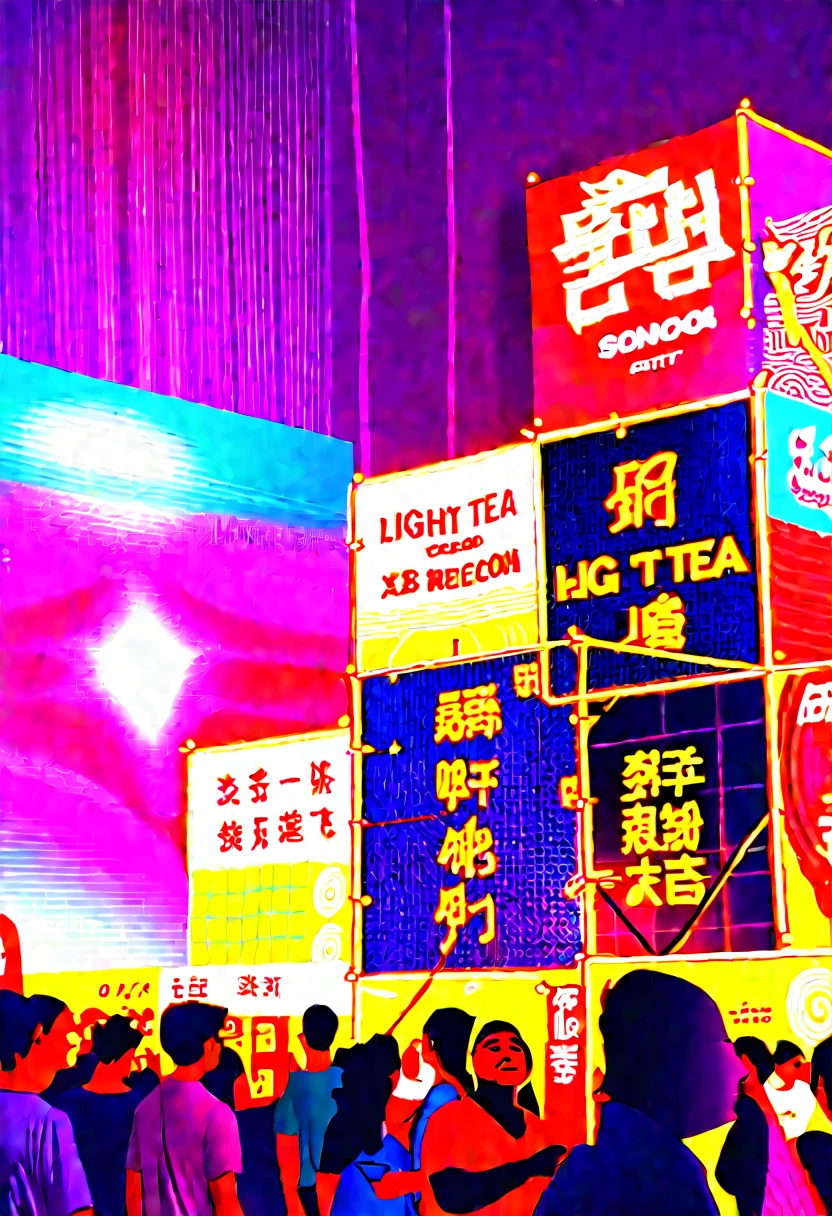 People walking on busy city street at night, Summer Night Out, Light Night, Shenzhen, illumination, LED lights around, Giant LED screen, Covered with Chinese, lots of lights, 背景中的Neon, Brightly lit atmosphere, Light Show, Left highlight, bright signage, Neon