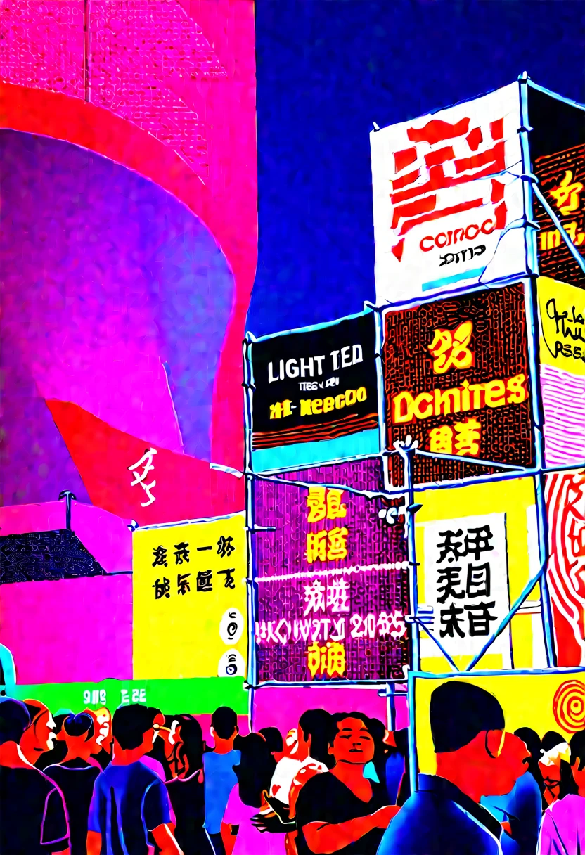 People walking on busy city street at night, Summer Night Out, Light Night, Shenzhen, illumination, LED lights around, Giant LED screen, Covered with Chinese, lots of lights, 背景中的Neon, Brightly lit atmosphere, Light Show, Left highlight, bright signage, Neon