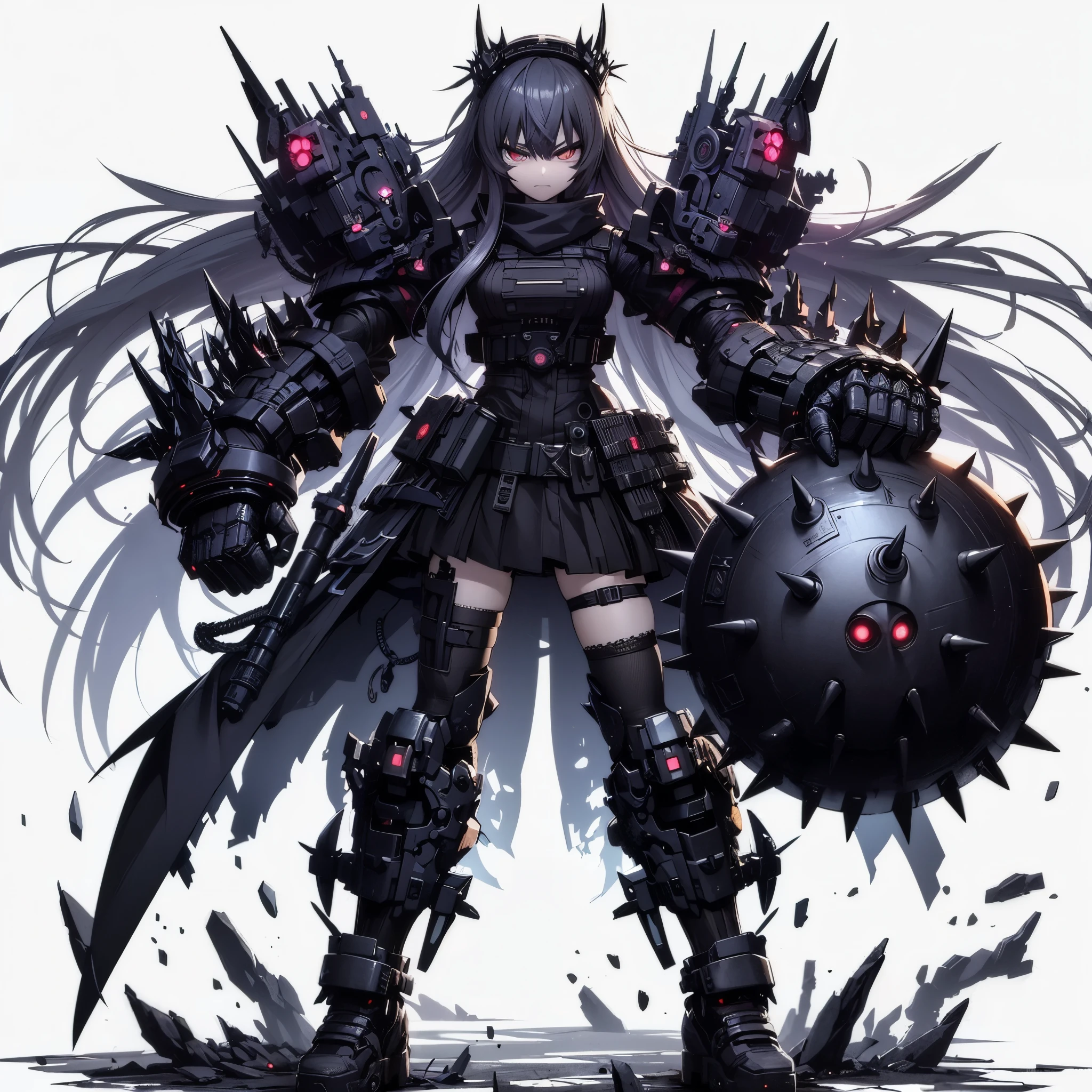 (Masterpiece, Top Quality), (Fine Hair), Ultra-Detailed, Anime Style, Solo, Full Length, Concept Art, Cyberpunk ninja girl, dark-colors, protector gear. helmet. Evil aura. Huge Arms. Having Iron Spiked Ball. White background, standing full length, standing on wasted earth,