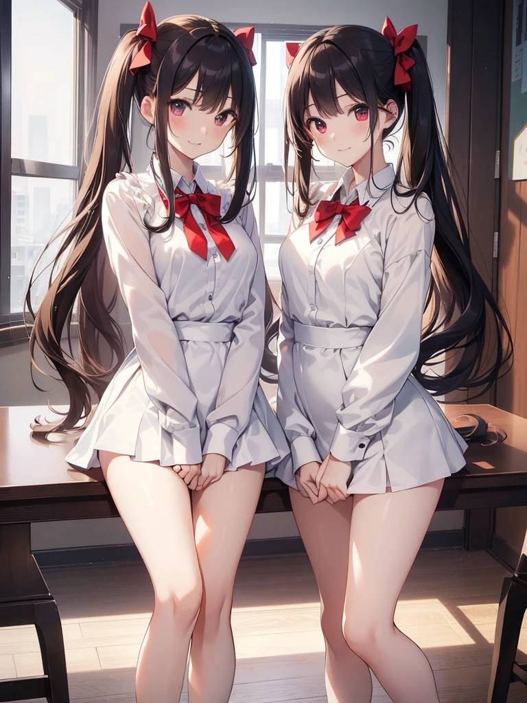 (Highest quality, 8K, masterpiece, Best image quality,  Ultra HD, Delicate and smooth skin, Realistic Skin, Perfect and beautiful face ,Perfect and pretty face, Skin with attention to detail, Perfect limbs、Narrow waist、Thin legs)、Tokiwadai Junior High School Clothing、Red bow tie、Wicked Smile、Twin tails、In a bright city、