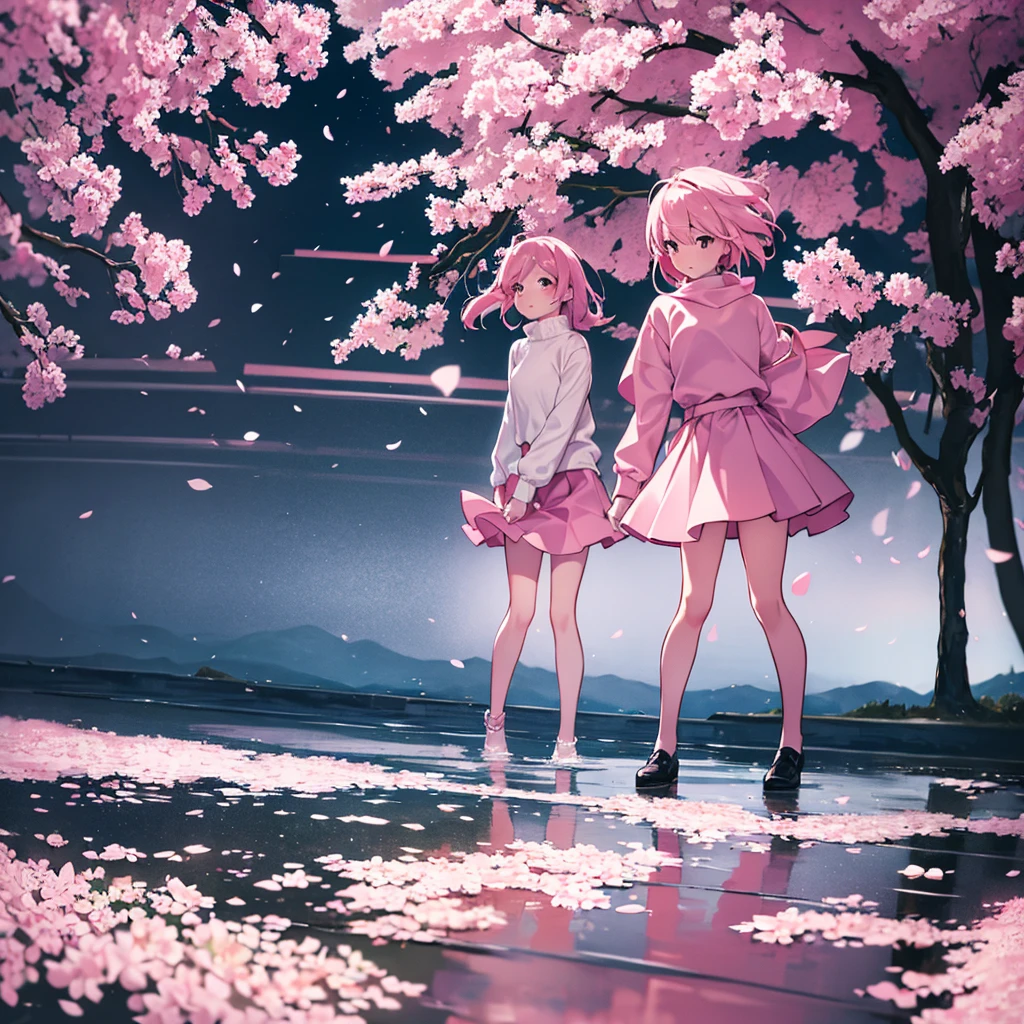 masterpiece, Highest quality, Super detailed, figure, Wide-angle, A girl is standing in the middle of the road, alone, The road in the middle and pink cherry blossom trees on the roadside, whole body, 20th Generation, Pink Hair, sweater, Short skirt, fashion,, composition, balance, Harmony, rhythm, color, Light, Shadow, reflection, refraction, tone, Contrast, prospect, Middle Way, background, Naturalistic, Figurative, Expressive.