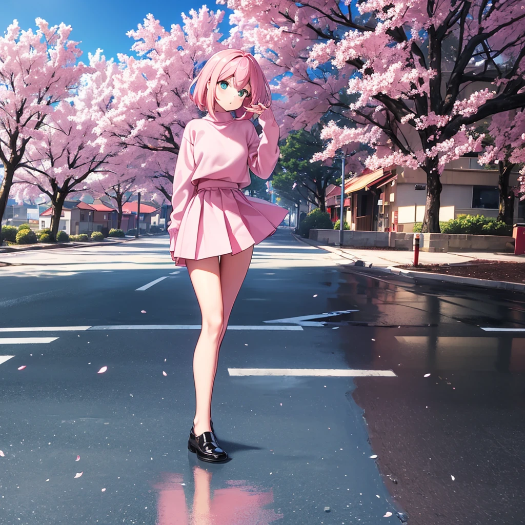 masterpiece, Highest quality, Super detailed, figure, Wide-angle, A girl is standing in the middle of the road, alone, The road in the middle and pink cherry blossom trees on the roadside, whole body, 20th Generation, Pink Hair, sweater, Short skirt, fashion,, composition, balance, Harmony, rhythm, color, Light, Shadow, reflection, refraction, tone, Contrast, prospect, Middle Way, background, Naturalistic, Figurative, Expressive.