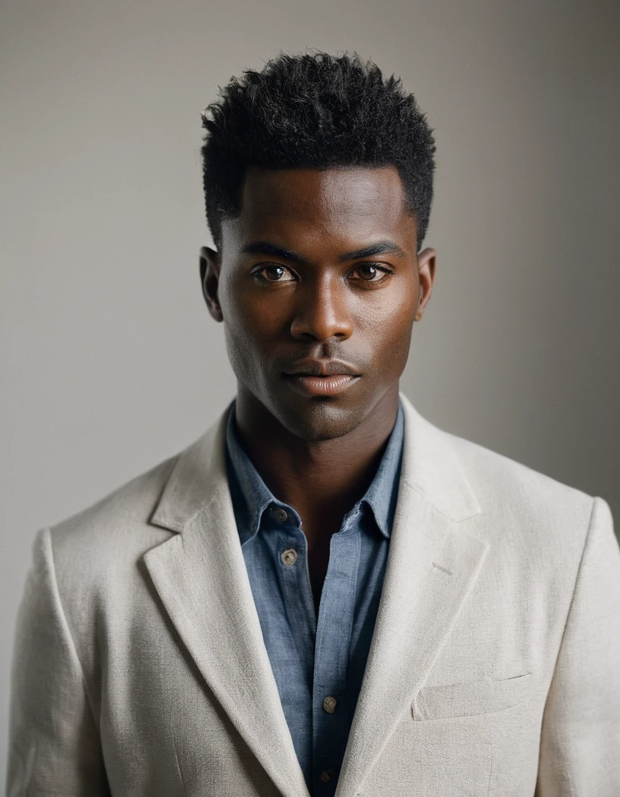 epiCRealism, Cinematic still, (((striking facial features))), African man, (((black man))), (((Neutral face))), (((very dark skin))), (((Textured brush back hair))), (((wearing Blazer))), (((wearing Capri pants))), (((focus on face))), good white balance, (two cinematic sources of light in opposite directions), (two volumetric sources of light in opposite directions), (natural shading), (((Solid white backdrop))), (((photo en noir et blanc avec seulement la sphère rouge en couleur))), shot on Hasselblad X2D 100C, 80mm lens, depth of field, bokeh, film grain, vivid color, female poses, expressive female portrait, (((Full body shot)))
