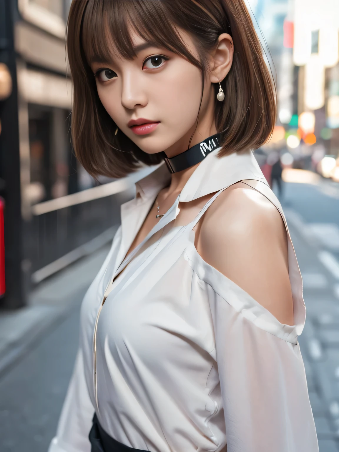 Ultra High Definition, Superior Quality, Premier Quality, ultra detailed, Photorealistic, 8k, RAW Photos, highest quality, masterpiece, Attractive girl, Stunning girl, Brown Hair, Shoulder Length Layered, asymmetrical bangs, K-pop Idol, Sophisticated girl, white shirt with collar, Shibuya,