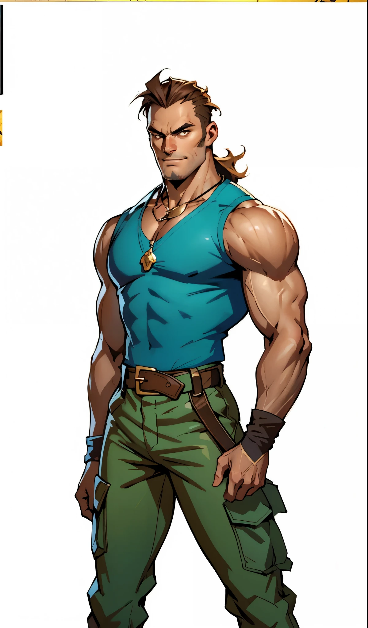 (masterpiece:1.2, best quality, extremely delicate), a man with short brown hair, a short ponytail, brown skin, a handsome face, deep eyes, a wild smile, stubble on his chin, wears a necklace with fangs, a muscular build, a fantasy-reality style blue open short vest, sleeveless, a cloth band on his arm, a yellow belt, green cargo pants, stands on an endless coastline, this character embodies a finely crafted fantasy-reality style rogue in anime style, exquisite and mature manga art style, dramatic, high definition, highres, ultra-detailed, ultra-fine painting, professional, perfect body proportions, golden ratio, anatomically correct, symmetrical face, extremely detailed eyes and face, high quality eyes, creativity, RAW photo, UHD, 32k, Natural light, cinematic lighting, masterpiece-anatomy-perfect