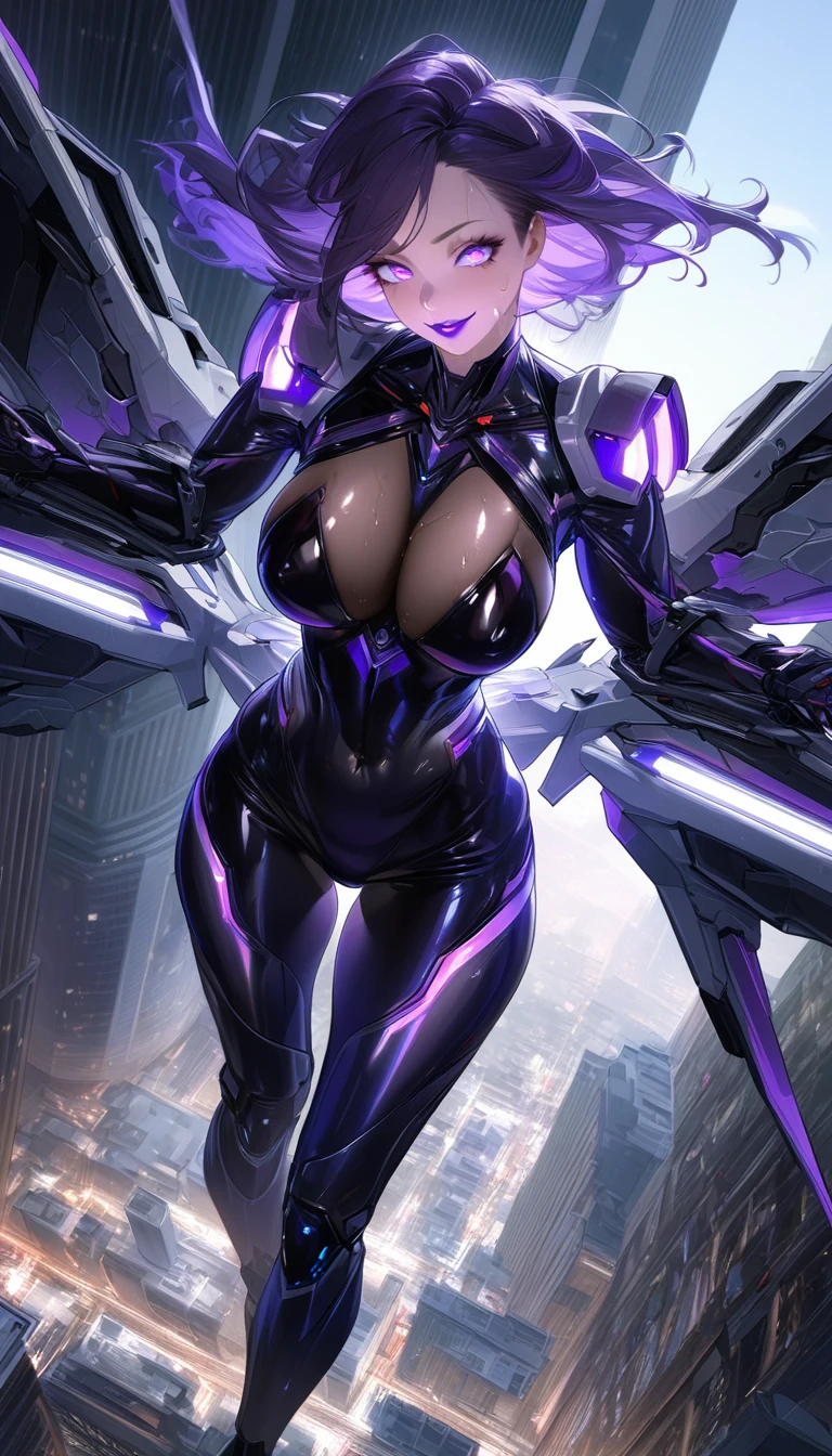 1 mature and seductive woman,(Detailed Description,Incredibly absurd,High resolution,8k wallpaper,masterpiece,Highest quality,Depth of region,Anatomically accurate depiction,A face with attention to detail, Eye for detail,Perfect body,Two lovely hands, Five perfect fingers),(Glowing Skin,Shiny skin,Oilskin),((Sexy female soldier)),(Futuristic body suit,Futuristic exoskeleton,Mechanical Wings,Mechanical thrusters),eyelash,(Intensely glowing purple eyes,Large chest,Bewitching Smile,Glossy lipstick,The temptation to depravity,Sweat),(whole body),My hair is blowing in the wind,A strong wind is blowing,(background:The city seen from the air),(From above:1.3)