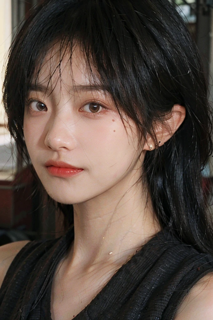 1 girl，model，short hair,A faint smile,serene, calm,Vest，Moles under the eyes,Exquisite eyes, Delicate face,Lipstick,earrings,Hair details, (Large Breasts:1.0),outdoor,background,城市background，(Skin details:1.4),(Realistic and detailed eyes：1.2）, Natural skin texture, Realistic facial details,Close-up of face,Portrait Photography,(Portrait Photography:1.1), (smooth skin textures:1.3), (Highest quality real skin textures:1.4), Direct vision,Soft dramatic lighting, Vivid details, 35 mm film, (Photo Practical:1.4), (hyper Practical:1.4), (Practical:1.3), (Smoother lighting:1.05), (Improve lighting quality:0.9), (Enhance the beauty of skin texture:1.1), Depth of Field, Bokeh, Surrealism, Ray Tracing, ( Surrealism, High Detail, Chiaroscuro, Ray Tracing, reflected light, Ultra HD, Ultra HD, masterpiece, Textured Skin, Super Detail, High Detail, high quality, best quality